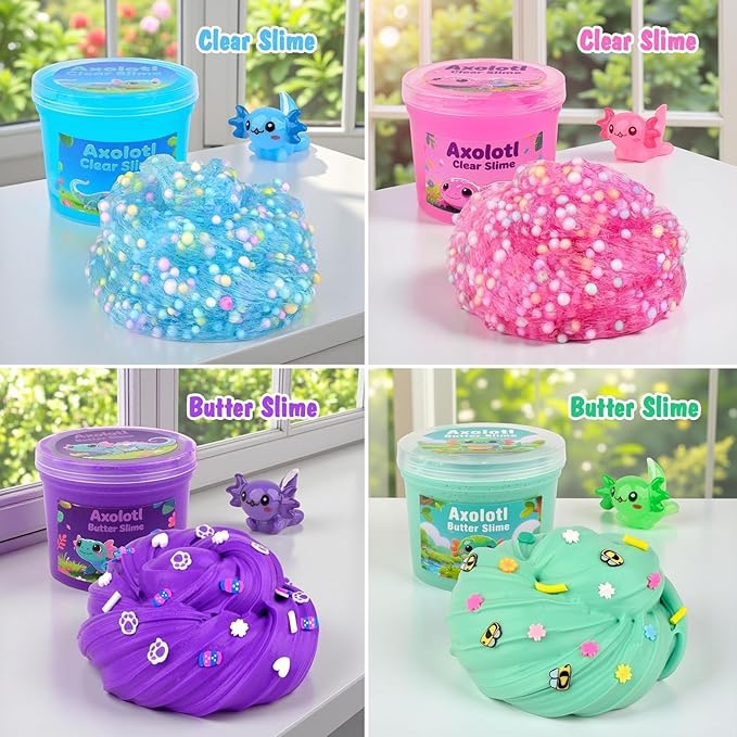 4 Pack Axolotl Slime Kit, Butter & Clear, Slime Party Favors for Kids with Axolotl Charms, Soft and Stretchy, Pink Blue Purple Green Slime for Girls & Boys 4-12