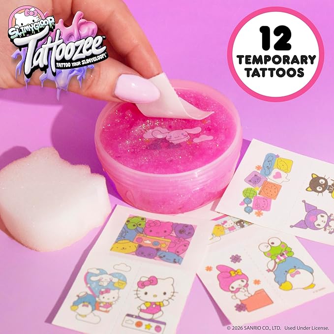 SLIMYGLOOP Tattoozee, Hello Kitty and Friends Tattoo Transfer Slime Kit, Sensory Play for Kids Ages 6+, Strawberry Scented, Glitter Texture