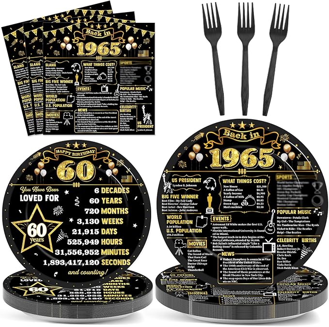 CHUNNIN 96Pcs 60th Birthday Plates and Napkins Back in 1965 Party Decorations Black Gold 60 Year Old Party Dessert Plates 1965 Tableware for 24 Guests 60th Theme Men Woman Birthday Supplies
