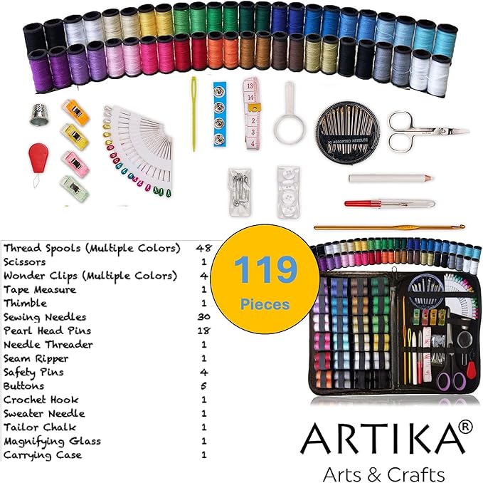 ARTIKA Sewing Kit for Adults and Kids (119 PCS) - Small Beginner Set w/Multicolor Thread, Needles, Scissors, Thimble & Clips - Emergency Repair and Travel Kits - Sewing Accessories and Supplies