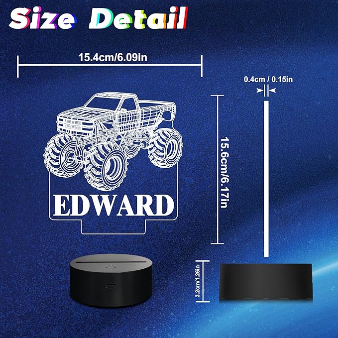 CoolGift Mart Customized Monster Trucks Night Light for Boys, 3D LED Optical Illusion Lamp with Remote Control and Timer, Perfect Christmas and Birthday Gift Idea for Boys, Kids, and Teens