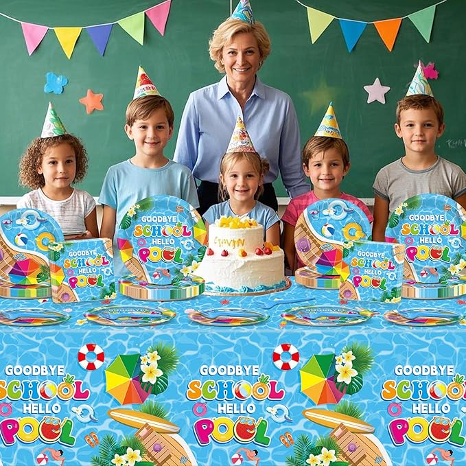 Goodbye School Hello Pool Tableware Set for Kids Class End of Schools Year Theme Supplies Summer School's Out Plates Napkins Tablecloths Serves 24 Guests Graduation Preschool Party Favors