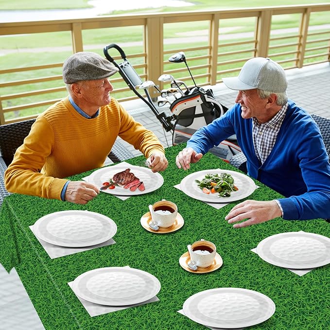 Qyeahkj Golf Party Supplies Serves 24 Golf Ball Party Paper Plates and Napkins Green Grass Plastic Tablecloth Set Sports Themed Tableware Kit for Birthday Decoration Baby Shower Decor