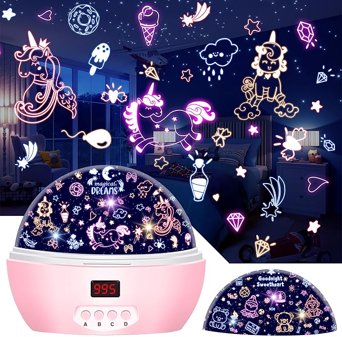 MOKOQI Kid Unicorn Night Light for Girls, and Baby Bear Night Lights Rotating Light Projector with Timer Color Changing Birthday Gifts for 3-5-10 Year Old Girls