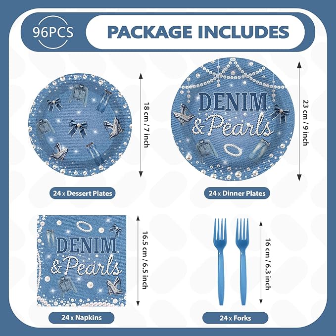 96Pcs Denim and Pearls Party Supplies Denim and Pearls Plates and Napkins Jeans Pearl Tableware Set for Woman Girl Birthday Bridal Shower Wedding Engagement Celebration Party Serves 24
