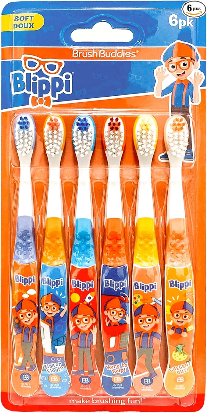 Brush Buddies Blippi Kids Toothbrush Set of 6 Pack Soft Bristle Toothbrushes for Toddlers Ages 2+, Extra Gentle Bristles, Small Head, Easy Grip Handle, Fun Blippi Characters, Kids Oral Care