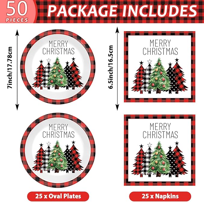 50Pcs Christmas Buffalo Plaid Tree Paper Plates and Napkins Red and Black Checkered Table Decoration Merry Christmas Disposable Party Tableware Set Serves 25 Guest Winter Xmas Holiday Party Supplies