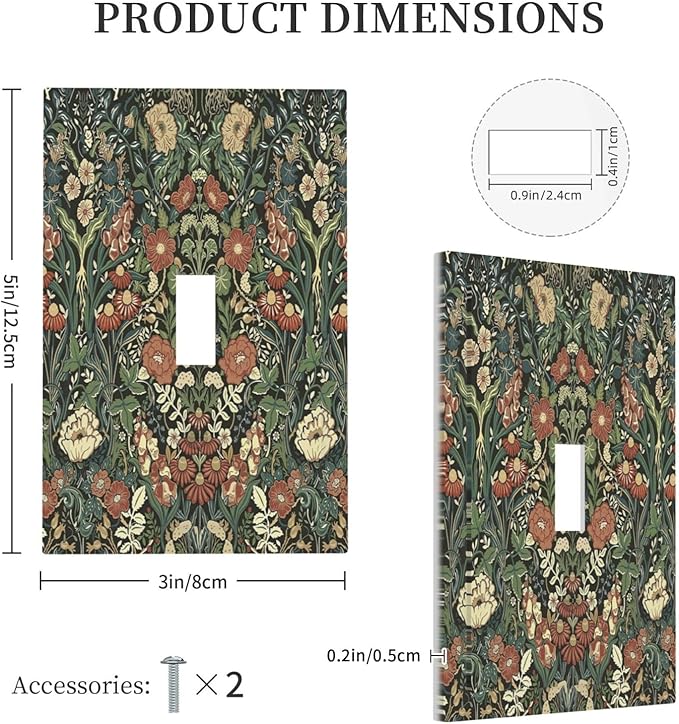 Decorative Light Switch Cover Vintage Dark Floral William Morris Green Flower 1 Gang Single Toggle Device Electrical Faceplate Switchplates Decorator Outlet Wall Plate for living Room Home