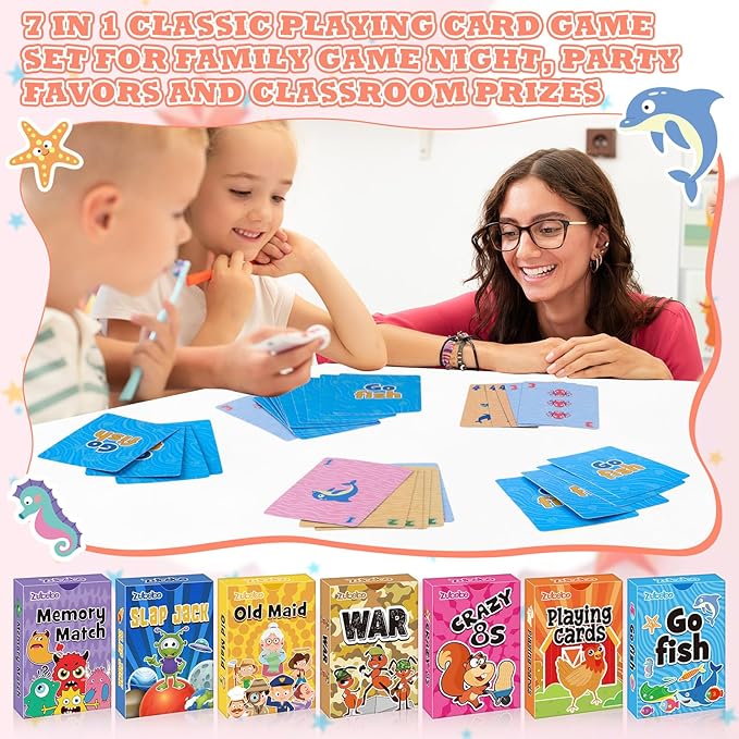 Zubebe 28 Pack Kids Card Games Gifts Bulk Classic Playing Card Game Set for Kids Includes Go Fish, Old Maid, Crazy Eights, Memory Match, Slap Jack, Playing Toy for Party Favors (Vivid)