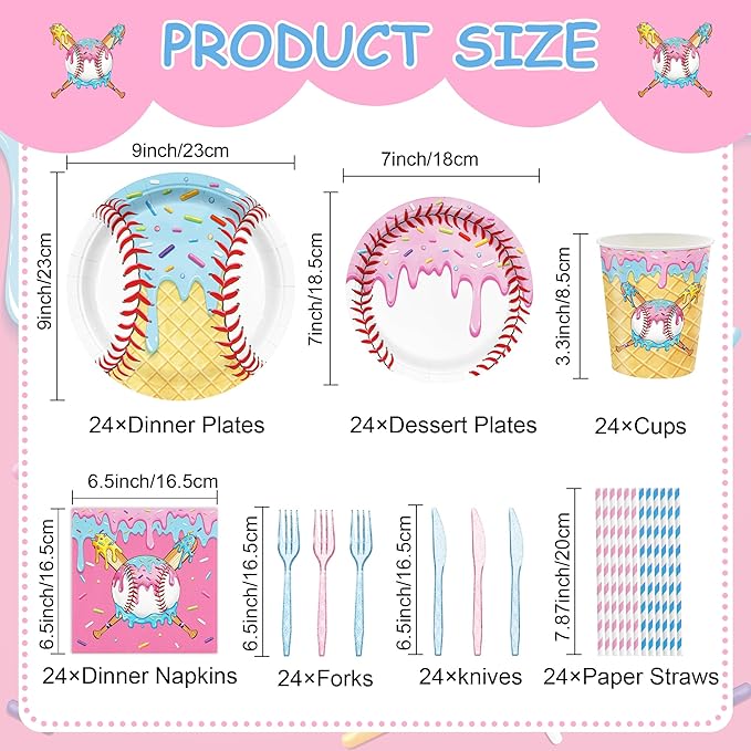 168PCS Ice Cream Drip Baseball Birthday Party Decorations & Favors - Serves 24 | Disposable Tableware: Baseball Plates, Napkins, Cups | Sports/Birthday Party Supplies