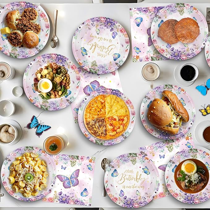 40 Pcs Butterfly Birthday Party Decorations - Purple Butterfly Plates and Napkins, Floral Paper Plates Napkins Disposable Tableware Sets for Butterflies Birthday Party Supplies Decor Favors, Serve 20