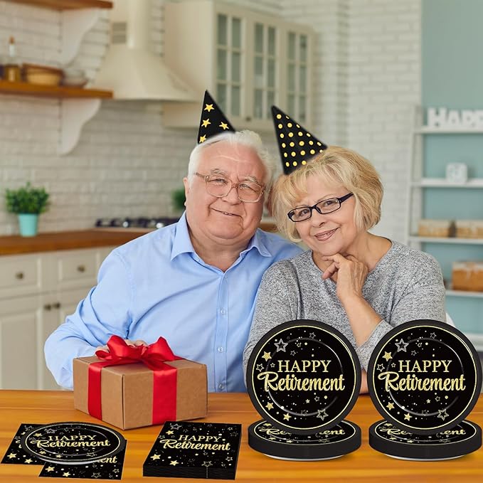 48Pcs Happy Retirement Paper Plates and Napkins Retirement Party Decorations Farewell Black and Gold Party Supplies Disposable Dinnerware Dessert Plates for Birthday Graduation Women Men Serves 24