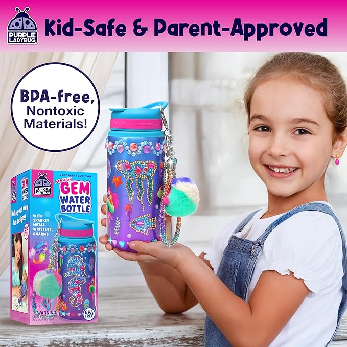 PURPLE LADYBUG Decorate Your Own Water Bottle for Girls - Mermaid Gifts for Girl Age 6-8, Gifts for Girls 5 6 7 8 9 10 Year Old Birthday, Summer Gift for Kids Crafts for Girl Ages 6-8