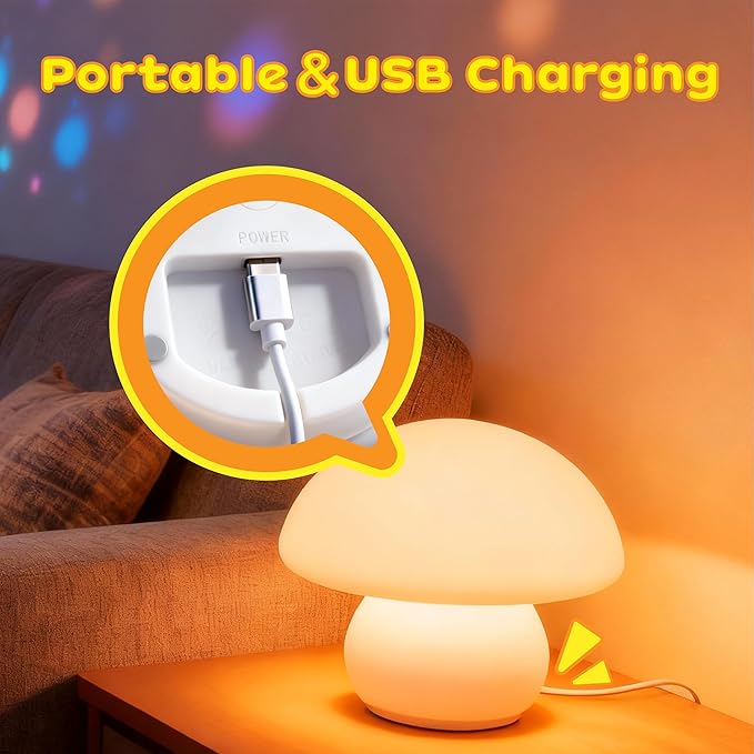 Rechargeable Small Mushroom Lamp - 16 Color Dimmable LED Night Light for Nursery, Soft Silicone Baby Kids Bedroom Feeding Light, Portable Touch Control Decor