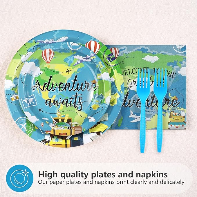 96Pcs Earth Day Baby Shower Party Supplies Adventure Travel Around The World Plates and Napkins World Map Explorer Disposable Tableware Sets for Kids Birthday Baby Shower Party Decorations Serves 24