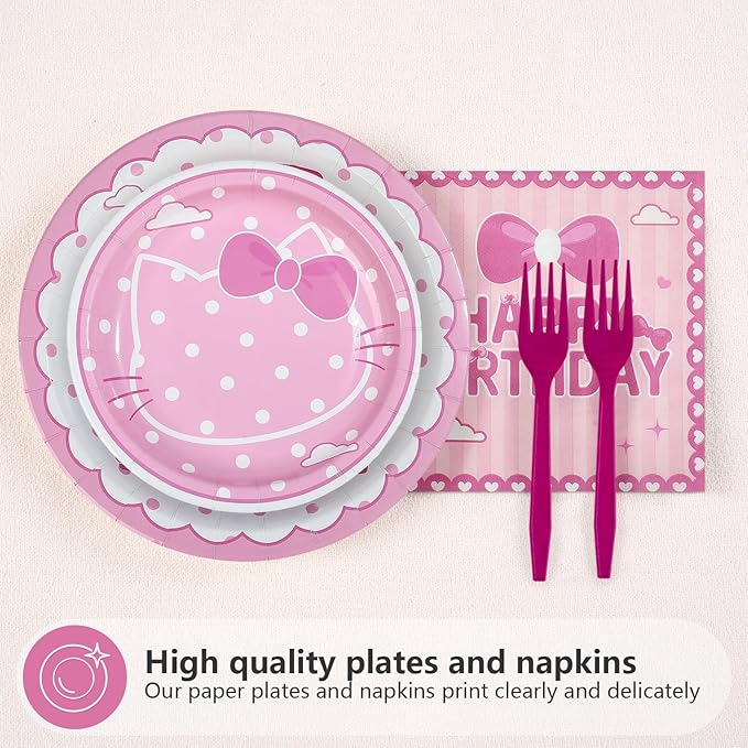 96 Pcs Pink Kitten 6th Birthday Decorations Pink Cat Plates and Napkins Disposable Tableware Set Cute Cartoon 6th Birthday Decoration for 6 Years Old Girl Cat Theme Birthdays Party Supplies Serves 24