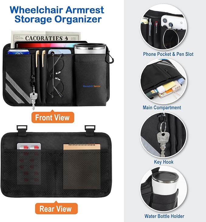 Wheelchair Side Bag with Cup Holder, Universal Armrest Organizer with Reflective Strips & Mesh Pockets, Water-Resistant Storage for Wheelchairs, Walkers, Rollators & Strollers (Black)