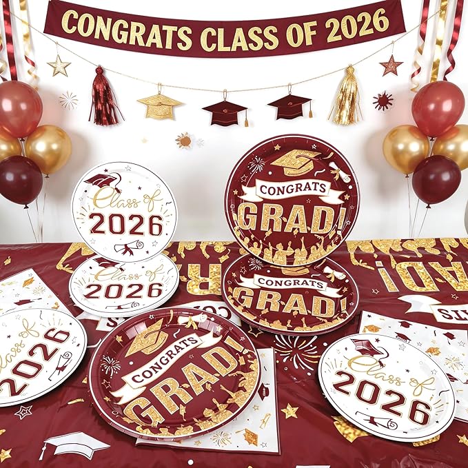 Graduation Plates and Napkins 2026,97Pcs Maroon Disposable Grad Plates Class of 2026 Dessert Plates Napkins,Tablecloth,Forks,Graduation Decorations for Congrats Grad Party,Serve 24