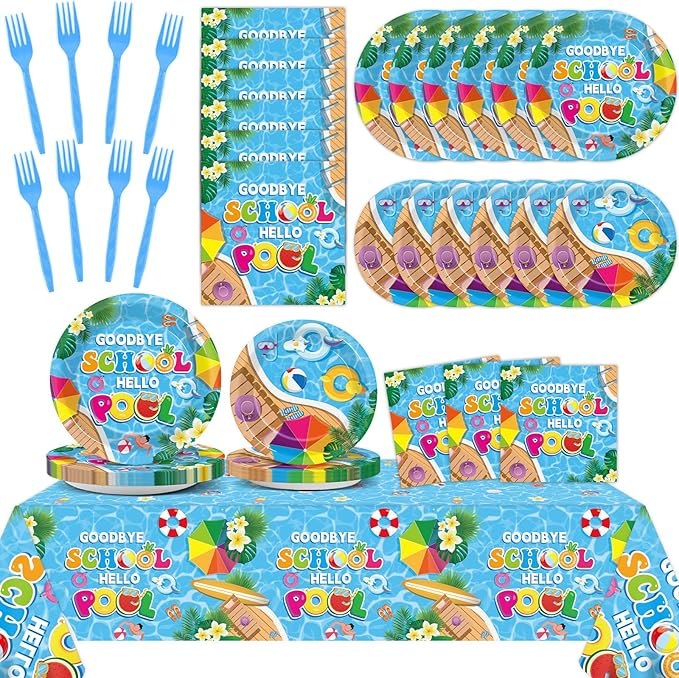 Goodbye School Hello Pool Tableware Set for Kids Class End of Schools Year Theme Supplies Summer School's Out Plates Napkins Tablecloths Serves 24 Guests Graduation Preschool Party Favors