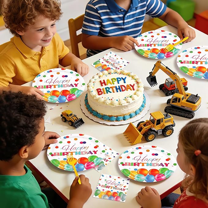 50 Pcs Happy Birthday Plates and Napkins, 9inch Colorful Dots Birthday Cake Dessert Plates, Disposable Paper Dinnerware Set for Birthdays Party Supplies Birthday Balloon, 25 Guests