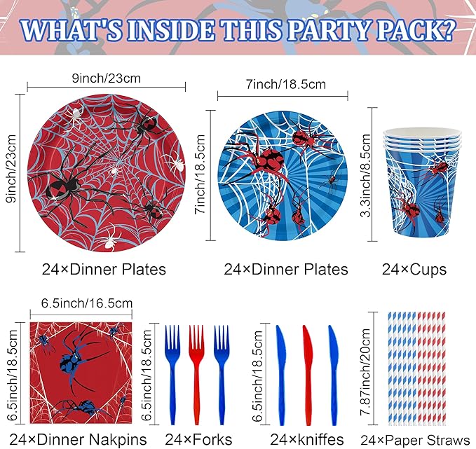 168PCS Spider Birthday Party Supplies for Boys Cartoon Spider Web Themed Party Decorations Blue and Red Paper Plates Disposable for Dinner Baby Shower Tableware 24 Guests