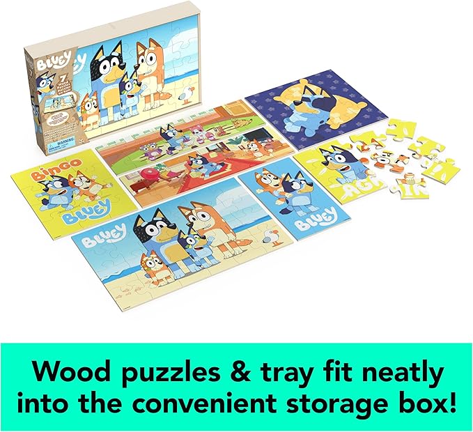 Spin Master Games, Bluey Puzzles 7-Pack, Wooden Jigsaw Puzzles for Preschoolers, 12, 16, & 24 Pieces, Storage Tray, Bluey Toys, for Ages 4 & Up