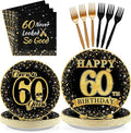 Grencian 96Pcs 60th Birthday Party Decorations Vintage 1966 Birthday Plates and Napkins Black and Gold Tabeware Sets Cheers to 60 Years Decorations for Mens Womens 60 Year Old Party Supplies Serves 24