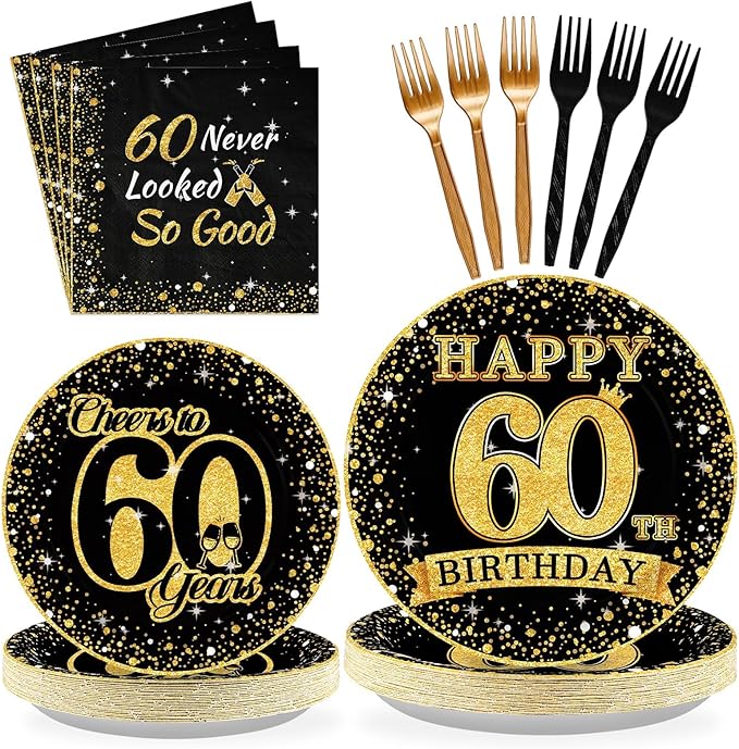 Grencian 96Pcs 60th Birthday Party Decorations Vintage 1966 Birthday Plates and Napkins Black and Gold Tabeware Sets Cheers to 60 Years Decorations for Mens Womens 60 Year Old Party Supplies Serves 24
