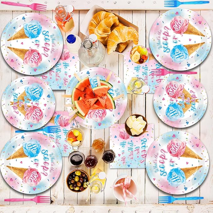 96PCS Ice Cream Gender Reveal Party Paper Tableware What's the Scoop Gender Reveal Plates Party Supplies for Summer Ice Cream Theme He or She Boy or Girl Baby Shower Dinnerware Plates Napkins Forks