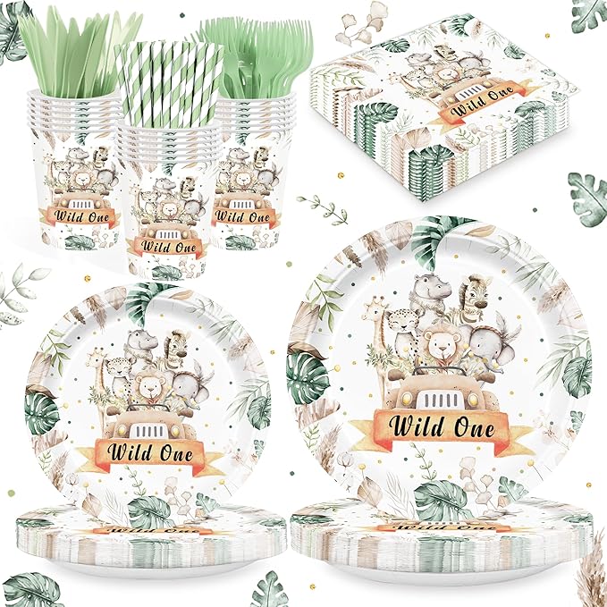 168PCS Wild One Party Supplies for Boys Girls Kids Jungle Animals Party Decorations Forest Themed Plates and Napkins Cups Forks Knives and Straw Tableware for Birthday Serve 24 Guests