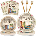 96Pcs Reading Theme Party Supplies Read More Books Paper Plates and Napkins Book Themed Birthday Decorations Vintage Reading Disposable Tableware Set for Birthday Picnic BBQ Baby Shower Serves 24