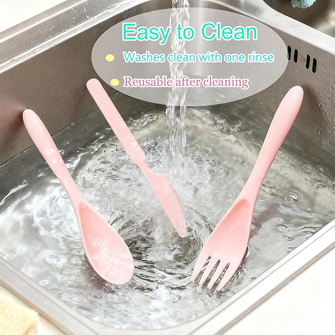 Portable Wheat Straw Cutlery, Knives Spoons and Forks Set, Reusable Spoon Knife Forks, Spoon Knife Fork Tableware Set for Party, Travel, Work, Picnic, Camping