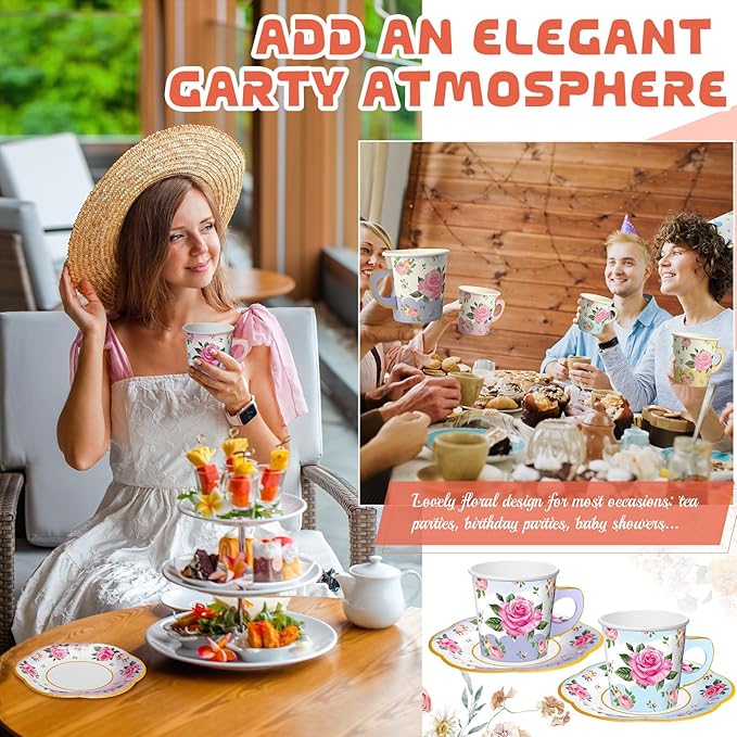 Umigy 36 Sets Mother's Day Tea Party Decorations 9 oz Floral Paper Teacups & Saucer Set for Girls Women Tea Parties Mothers Day Bridal Shower Wedding Birthday Party Decorations(Gradient Mixed Color)
