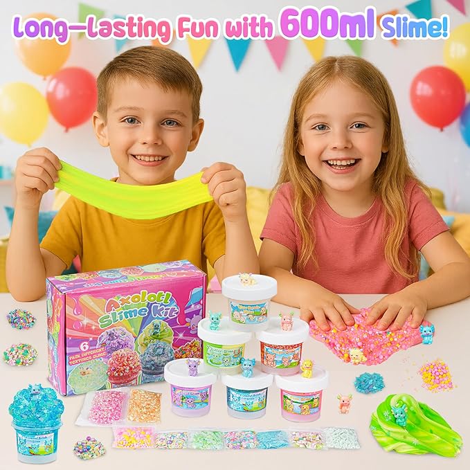 Axolotl Slime Kit 6×100ml (20oz Total) - Slime Variety Pack with Different Textures & Axolotl Charms, Glow in The Dark Slimes, Crunchy Slime, ASMR, Birthday Party Favor, Axolotl Fidget Toys