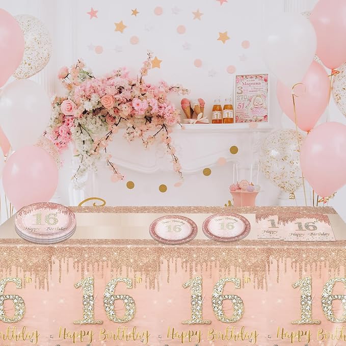 16th Birthday Party Decorations for Girls, Rose Gold Birthday Supplies Include 20Pcs Dinner Plates, 20Pcs Dessert Plates, 20Pieces Napkins and 2 Tablecloth, Sweet Sixteen Birthday Party Tableware