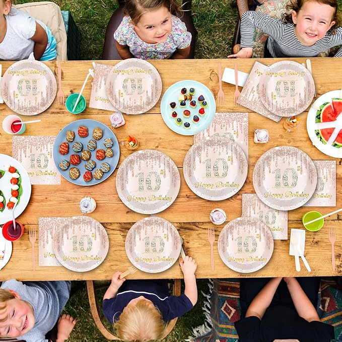 96 Pcs 10th Birthday Decoration for Girls Rose Gold 10th Birthday Plates and Napkins Party Supplies Rose Gold Pink Happy 10 Years Party Disposable Tableware Set for 24 Guests Party Decoration