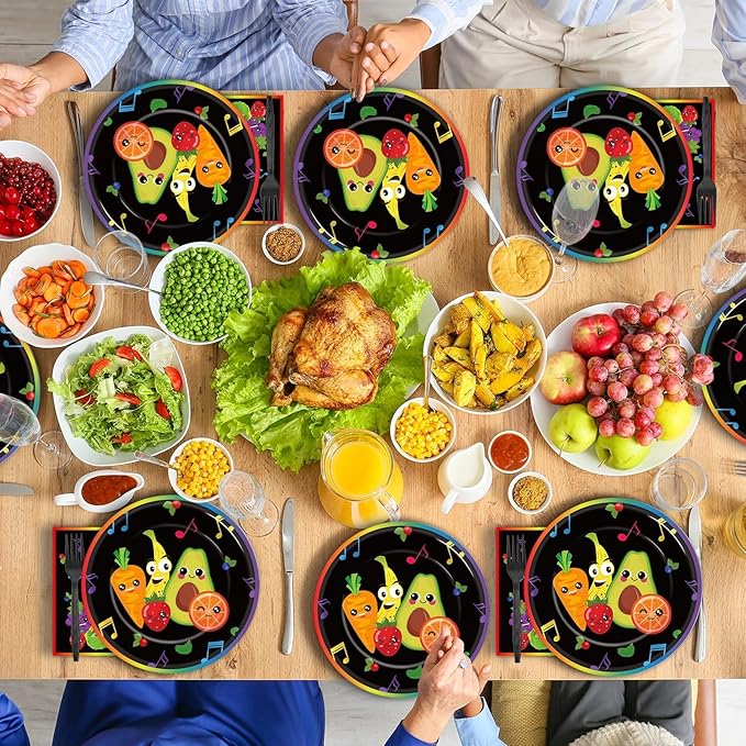 96 Pcs Dancing Fruit Party Plates and Napkins for Fruit Birthday Theme Supplies Dancing Fruits Themed Paper Dessert Plates Fruits Party Tableware Set for Kids 24 Guests Birthday Decoration