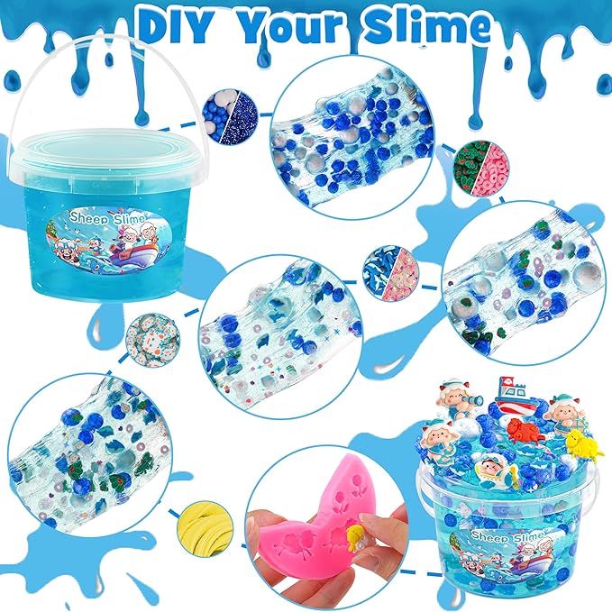 LAWOHO 300ml Ocean Clear Slime with Clay, Blue Slime Kit for Girls & Boys with 11 Packs Ocean Add-Ins for Kids Party Favors, Non Stick Sheep Clear Slimes for Birthday Halloween Christmas Easter Gifts
