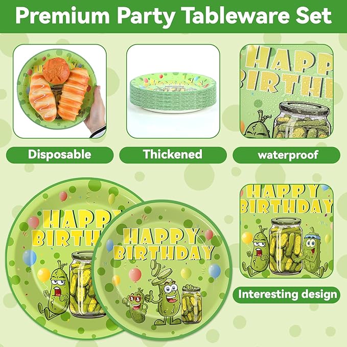 96pcs Funny Pickle Party Plates and Napkins for Kind of A Big Dill Birthday Party Supplies Dill Cucumber Themed Paper Dessert Plates Cartoon Pickle Tableware Set for Kids 24 Guests Table Decorations