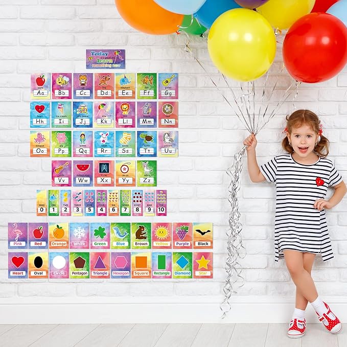 58 Pieces Educational Preschool Cards Kids Early Learning Poster Alphabet Number Colors and Shapes Bulletin Board Decoration Kindergarten Classroom Learning Card with Glue Point Dot (Watercolor Style)