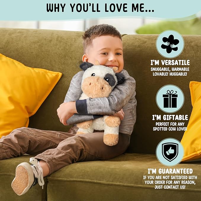 Cow Microwavable & Weighted Stuffed Animals - 1.5 Lbs Unscented Heating Pad for Period Cramps Pain Relief and Anxiety, Cute Black Cow Plush Toys Gifts for Women Girls Adults and Kids by Happy Fuel