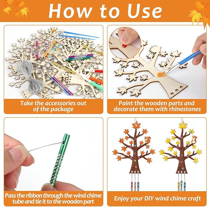 gisgfim 16 Pack Fall Wind Chime Crafts Kits for Kids Make Your Own Thanksgiving Maple Tree Wind Chime Wooden DIY Arts and Crafts for Autumn Party School Classroom Decorations Supplies Birthday Favors