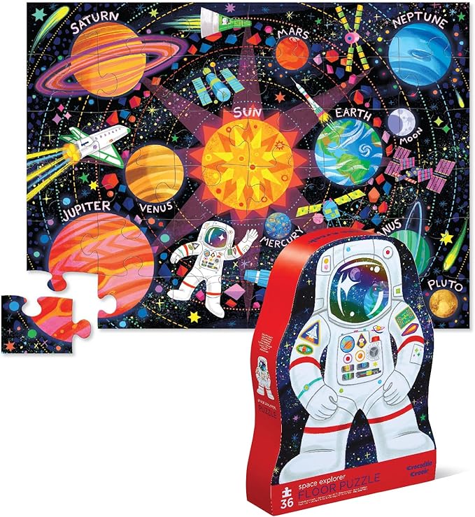 Crocodile Creek 36-Piece Jigsaw Floor Puzzle - Fun Floor Puzzles for Kids Ages 3-5 - Heavy-Duty Shaped Box for Storage - Space Explorer - 24" W x 18" H Finished