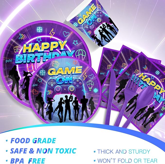 Video Game Party Supplies for Kids Child Themed Birthday Party,Game Theme Birthday Decorations Disposable Tableware Set With Plates, Cups, Napkins & Cutlery for 24 Guests
