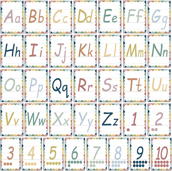 YIYDONG 36 Alphabet Posters, Alpethabet Line ABC Number Bulletin Board Set Preschool English Poster Kindergarten Elementary Classroom Wall Decor Nursery Homeschool Supplies (White)