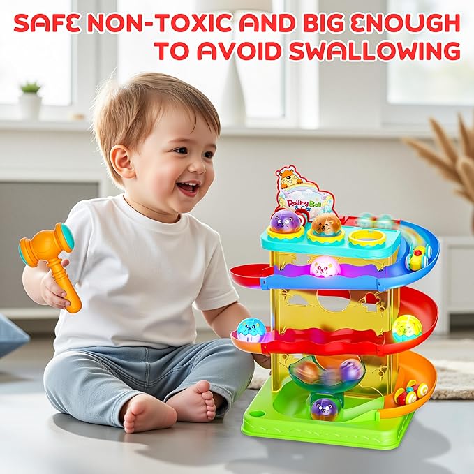 2-in-1 Rolling Ball & Car Ramp Race Track for Toddlers, Hammer Ball Drop Toy for Boys & Girls, Interactive Playset w/Sensor Lights - Montessori STEM Learning Toys for Kids 1-5+ Year Old