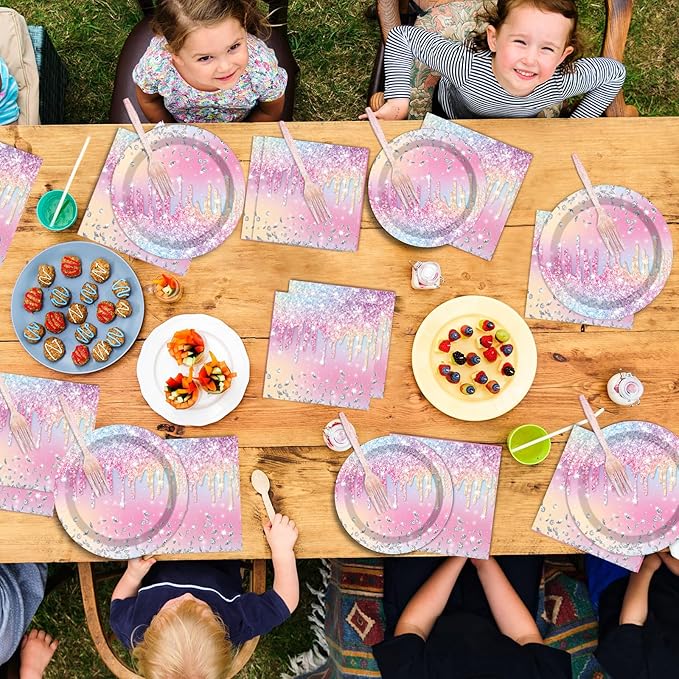 100PCS Iridescent Diamond Birthday Party Plates Napkins Forks Supplies Set Holographic Tableware Party Supplies Gem Stone Dinnerware Decorations Favors for Girls Kids Birthday Serves 25