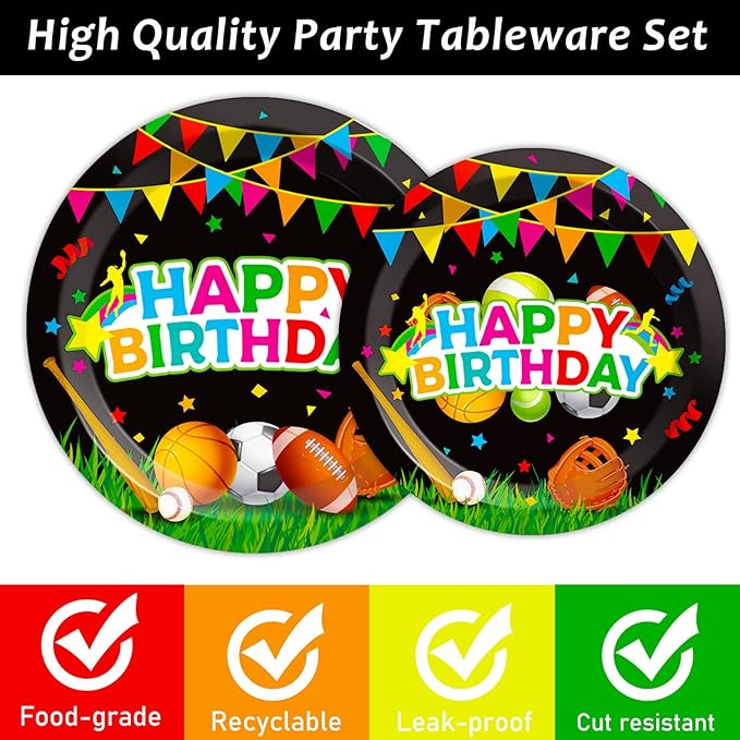 Sports Party Plates Napkins Sports Happy Birthday Party Tableware Baseball Football Soccer Basketball Rugby Disposable Paper Plates Napkins for Boy Birthday Decoration Supplies Favors 24 Guests