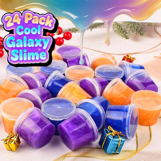 Galaxy Slime 24 Pack – Blue, Gold & Purple Slime Party Favors, Non-Sticky, Valentines Slime Kit for Classroom Prizes, Christmas Stocking Stuffers, Goodie Bag Stuffers,Easter Basket Stuffers for Kids