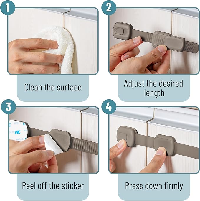 Bates- Child Safety Strap Locks, 6 Pack, Warm Gray, Baby Cabinet Locks with Adjustable Strap Length